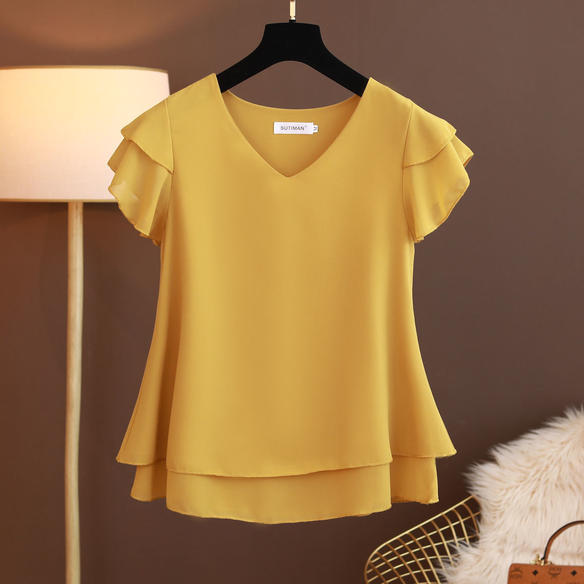Summer New Women Blouse V-Neck Chiffon loose Short Sleeve Blouse Shirts Womens Tops