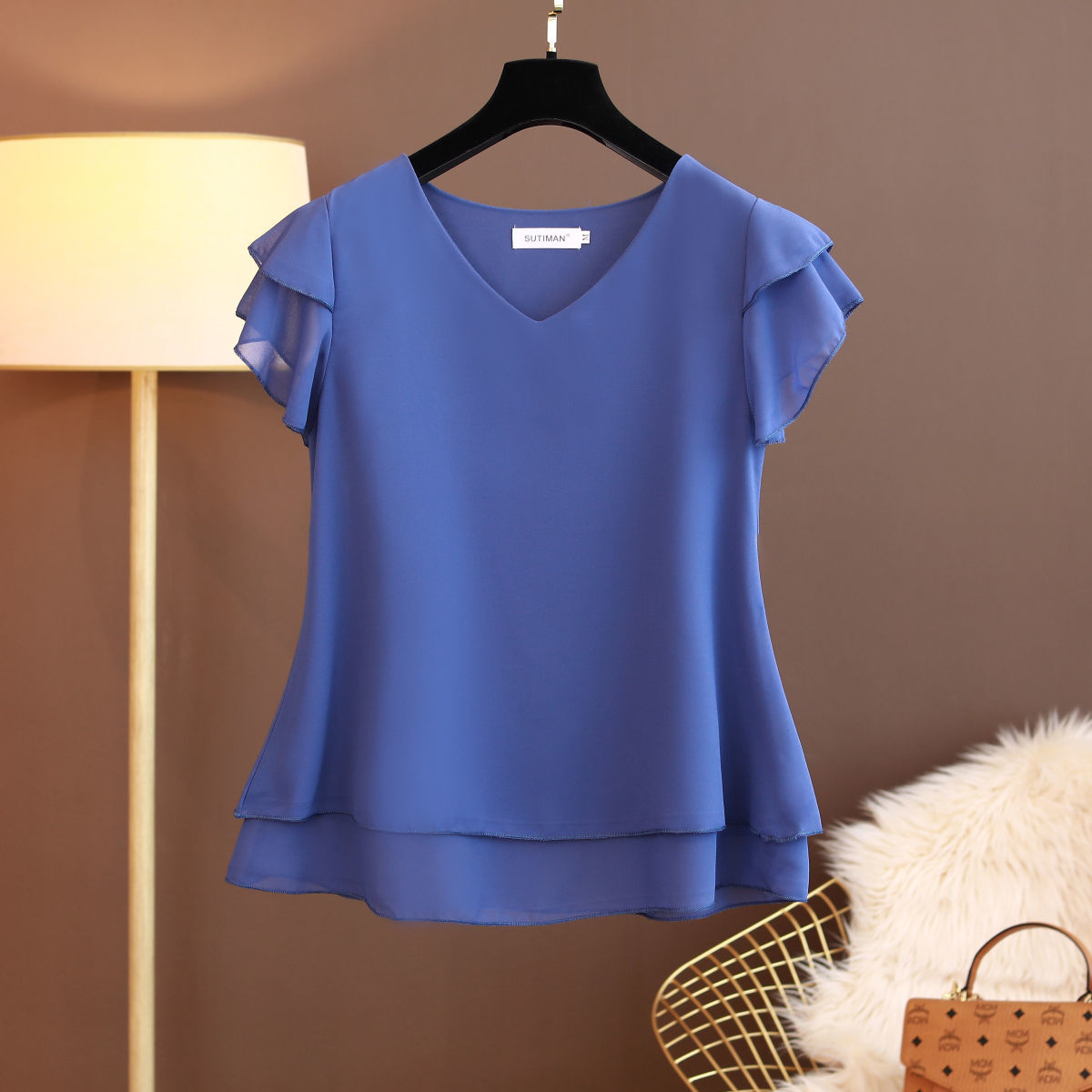 Summer New Women Blouse V-Neck Chiffon loose Short Sleeve Blouse Shirts Womens Tops