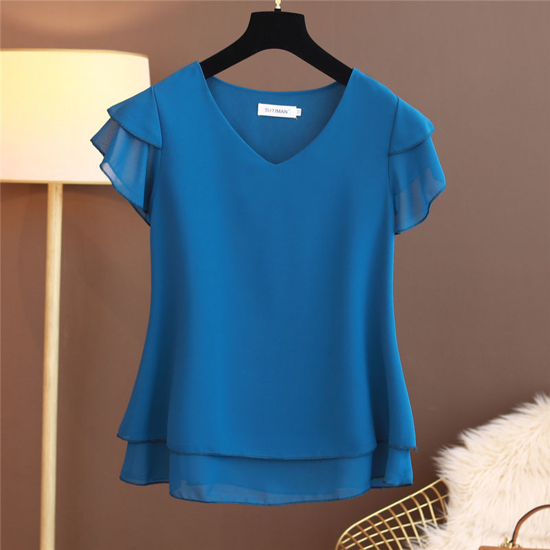 Summer New Women Blouse V-Neck Chiffon loose Short Sleeve Blouse Shirts Womens Tops