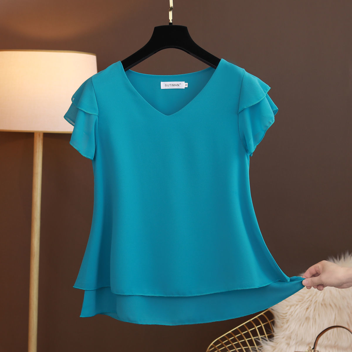 Summer New Women Blouse V-Neck Chiffon loose Short Sleeve Blouse Shirts Womens Tops
