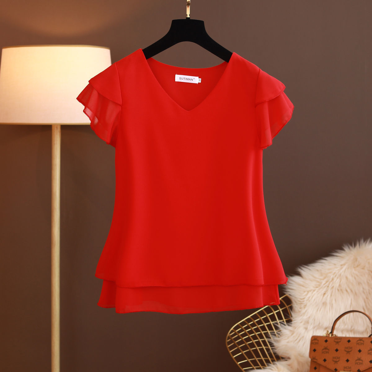Summer New Women Blouse V-Neck Chiffon loose Short Sleeve Blouse Shirts Womens Tops
