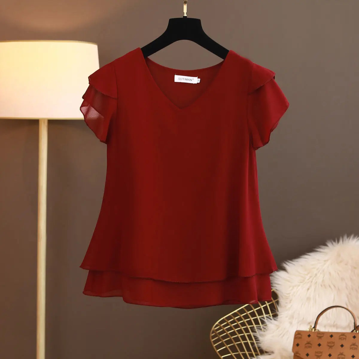 Summer New Women Blouse V-Neck Chiffon loose Short Sleeve Blouse Shirts Womens Tops
