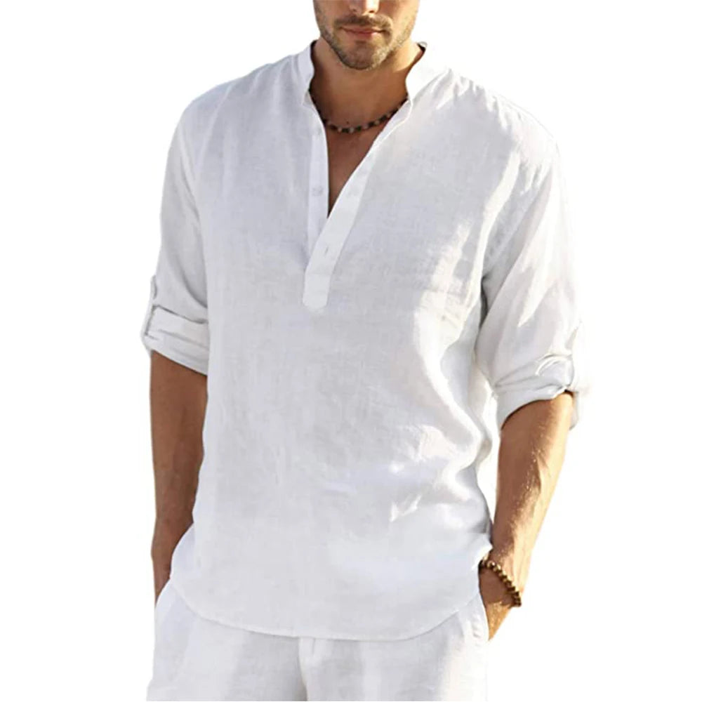 Casual Cotton Linen Shirt Loose Long Sleeve pullover shirt for men