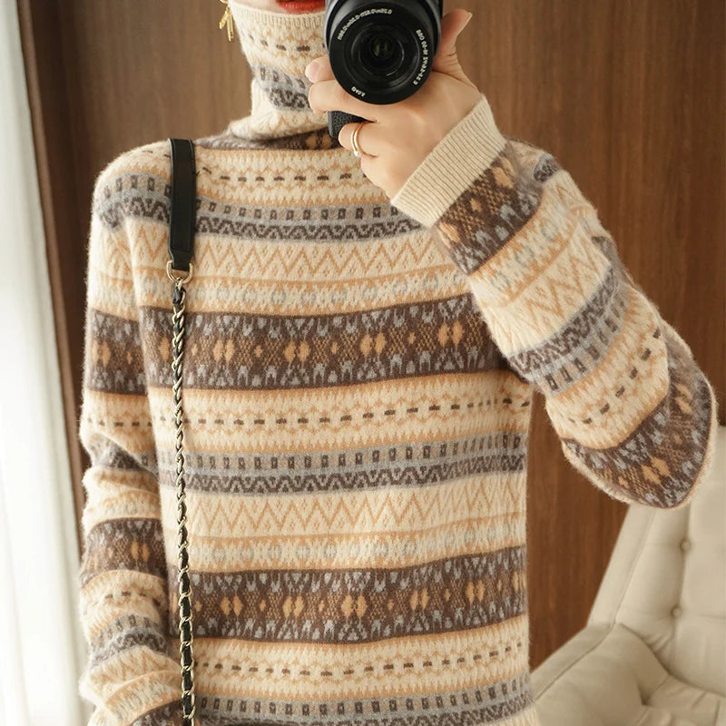 Autumn and Winter Wool Cashmere Sweater Women's High Neck Pullover Casual Knitted Loose Korean Fashion Top