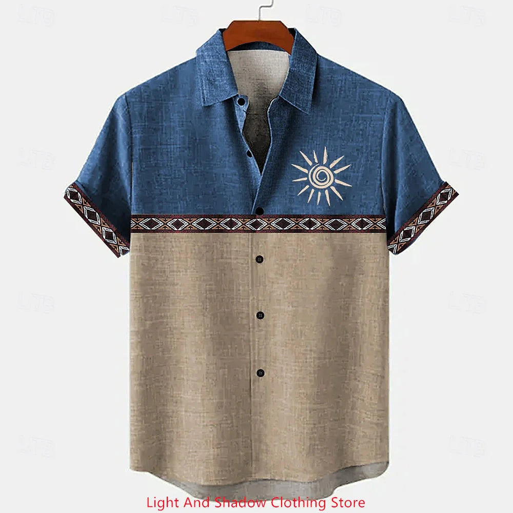 Men's linen shirt summer short sleeved patchwork pattern printed short sleeved top button up ethnic clothing