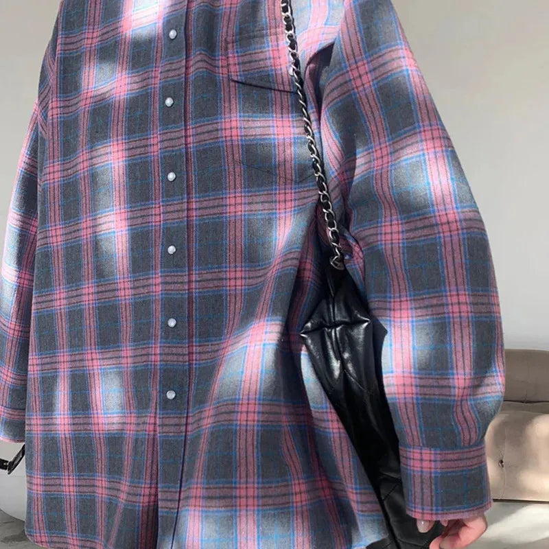 New Vintage Women Oversized Long Sleeve Plaid Shirt Blouse Tops Button Down Loose Pocket Shirt