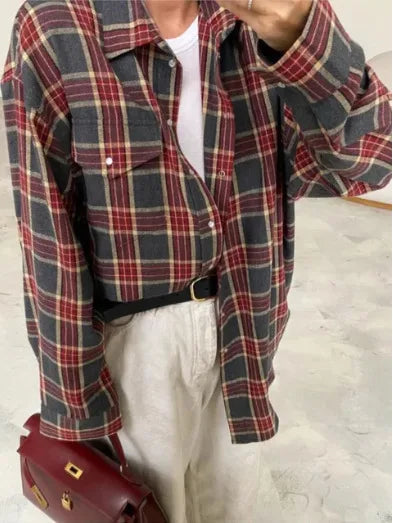 New Vintage Women Oversized Long Sleeve Plaid Shirt Blouse Tops Button Down Loose Pocket Shirt