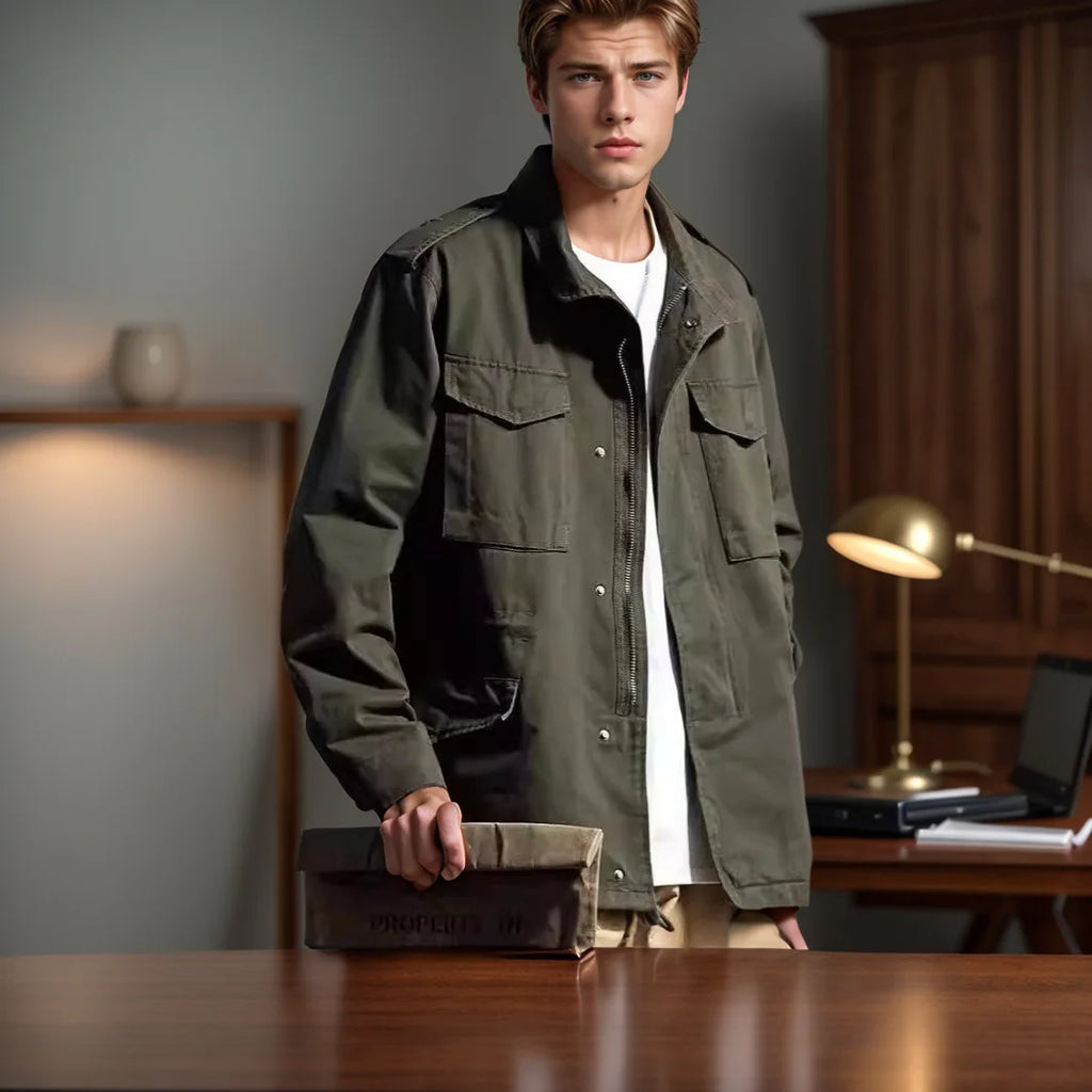 Vintage Men's Cargo Jacket Casual Solid Coat Mens Clothes Multi-Pocket Jacket Retro Jackets Green Outdoor Windbreaker