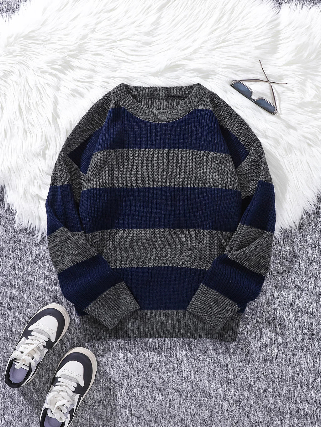 New Loose Bottoming Sweater Casual Versatile Striped Pullover Men's Round Neck Sweater