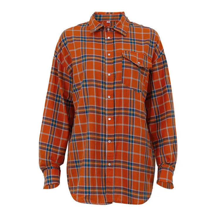 New Vintage Women Oversized Long Sleeve Plaid Shirt Blouse Tops Button Down Loose Pocket Shirt