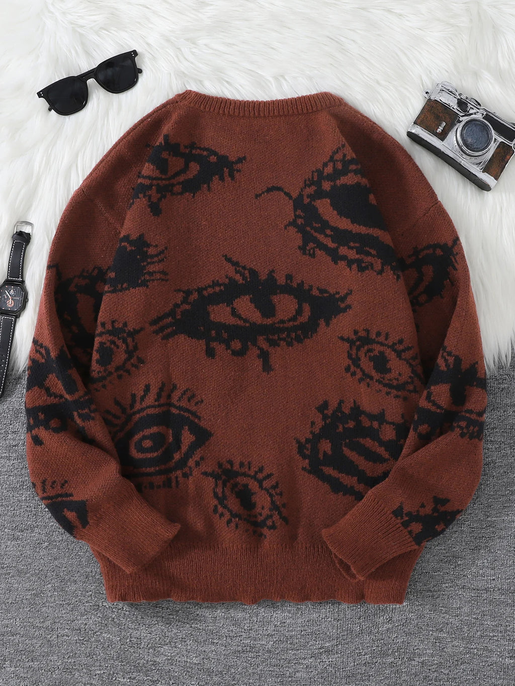 New Popular Autumn and Winter Abstract Eye Pattern Pullover Sweater Round Neck Knitted Men's Pullover