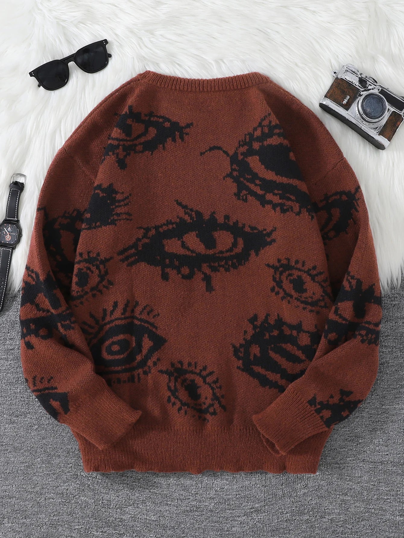 New Popular Autumn and Winter Abstract Eye Pattern Pullover Sweater Round Neck Knitted Men's Pullover