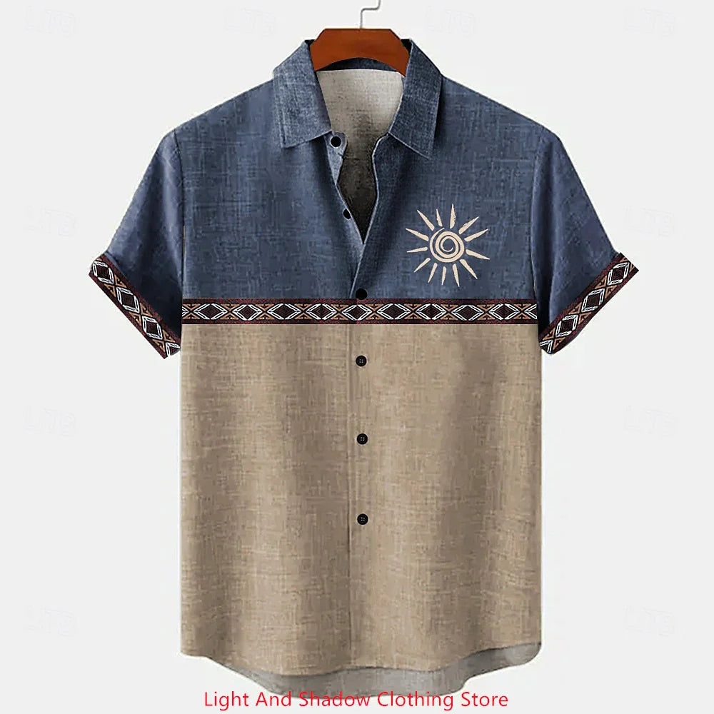 Men's linen shirt summer short sleeved patchwork pattern printed short sleeved top button up ethnic clothing