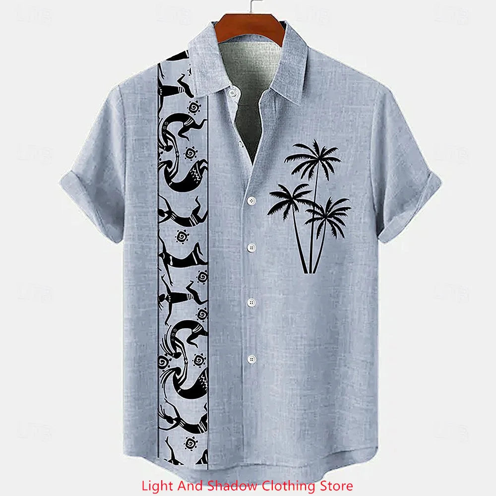 Men's linen shirt summer short sleeved patchwork pattern printed short sleeved top button up ethnic clothing