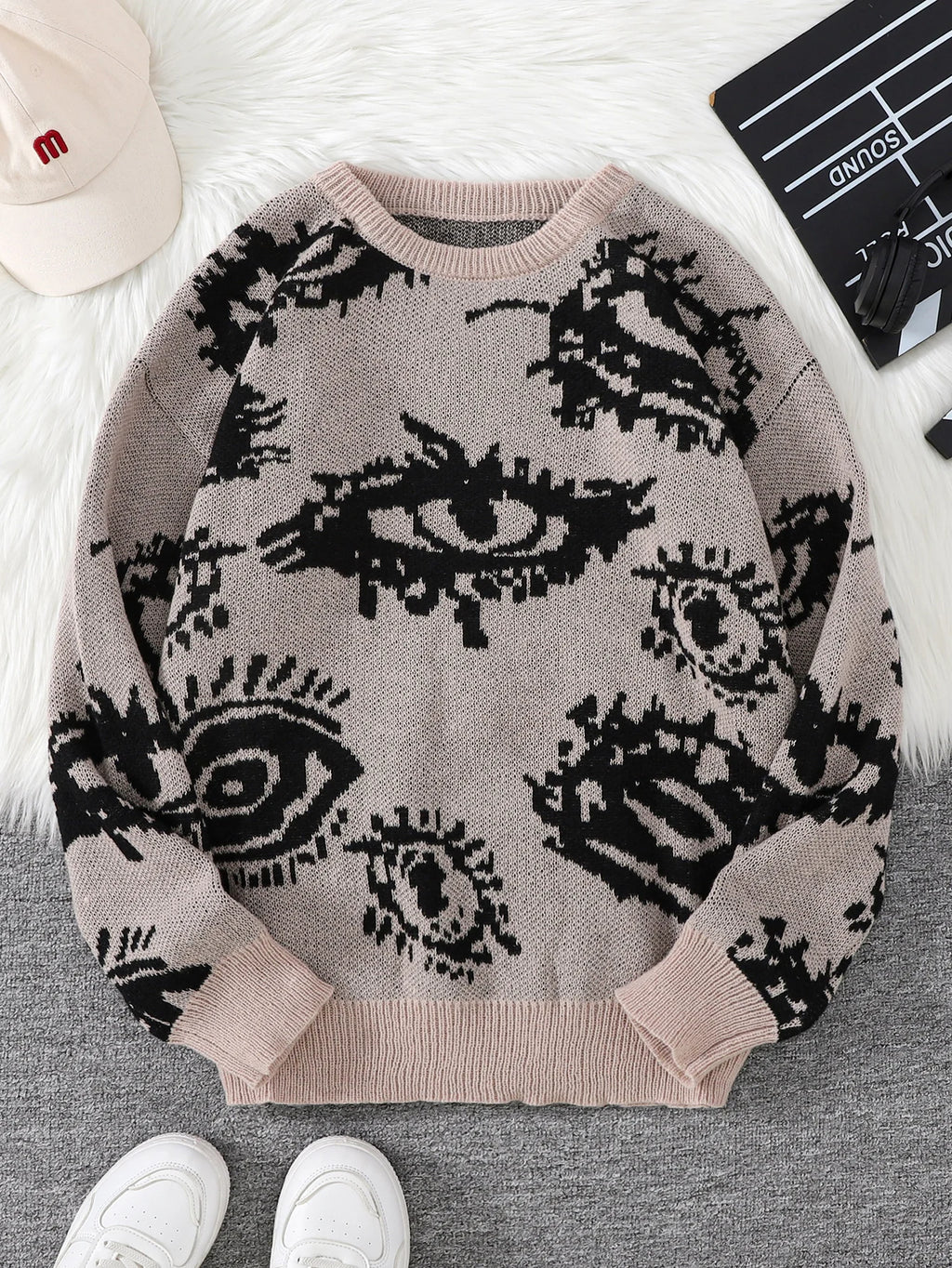New Popular Autumn and Winter Abstract Eye Pattern Pullover Sweater Round Neck Knitted Men's Pullover