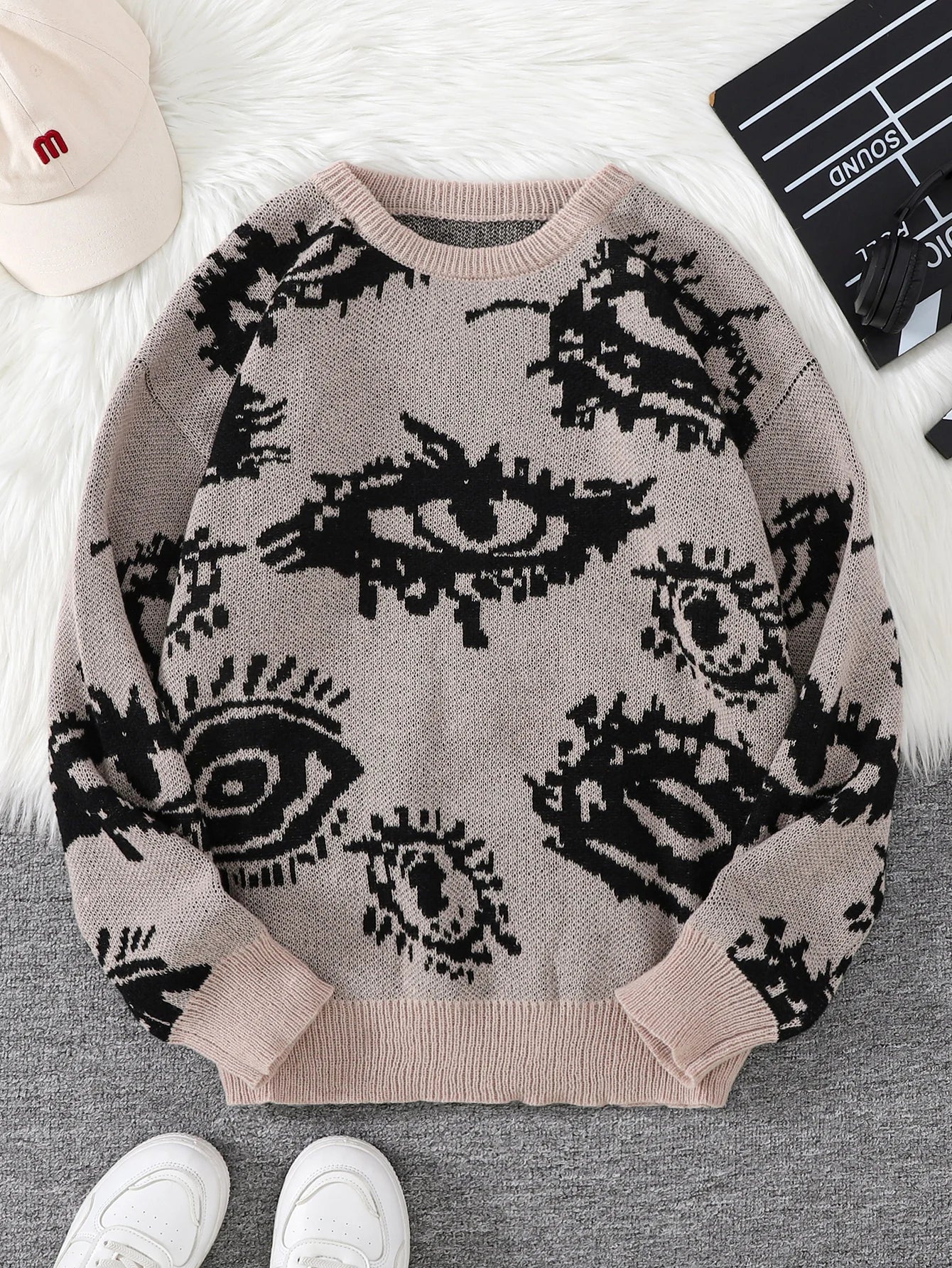 New Popular Autumn and Winter Abstract Eye Pattern Pullover Sweater Round Neck Knitted Men's Pullover