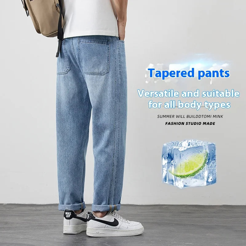 Tencel jeans men's 2025 new trendy brand summer thin loose straight slightly tapered casual jeans