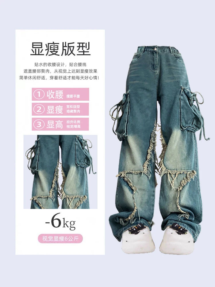 Women Blue Cargo Jeans Baggy Vintage 90s Aesthetic High Waist  Harajuku Denim Trousers
