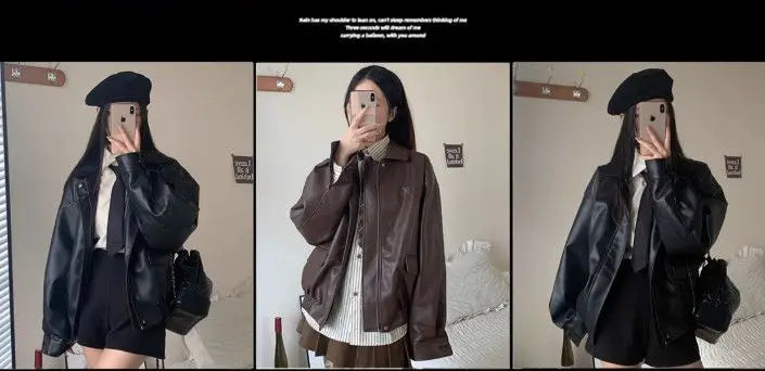 womens Brown Turndown Collar Zipper Leather Jacket Coat American Vintage Motorcycle Clothing