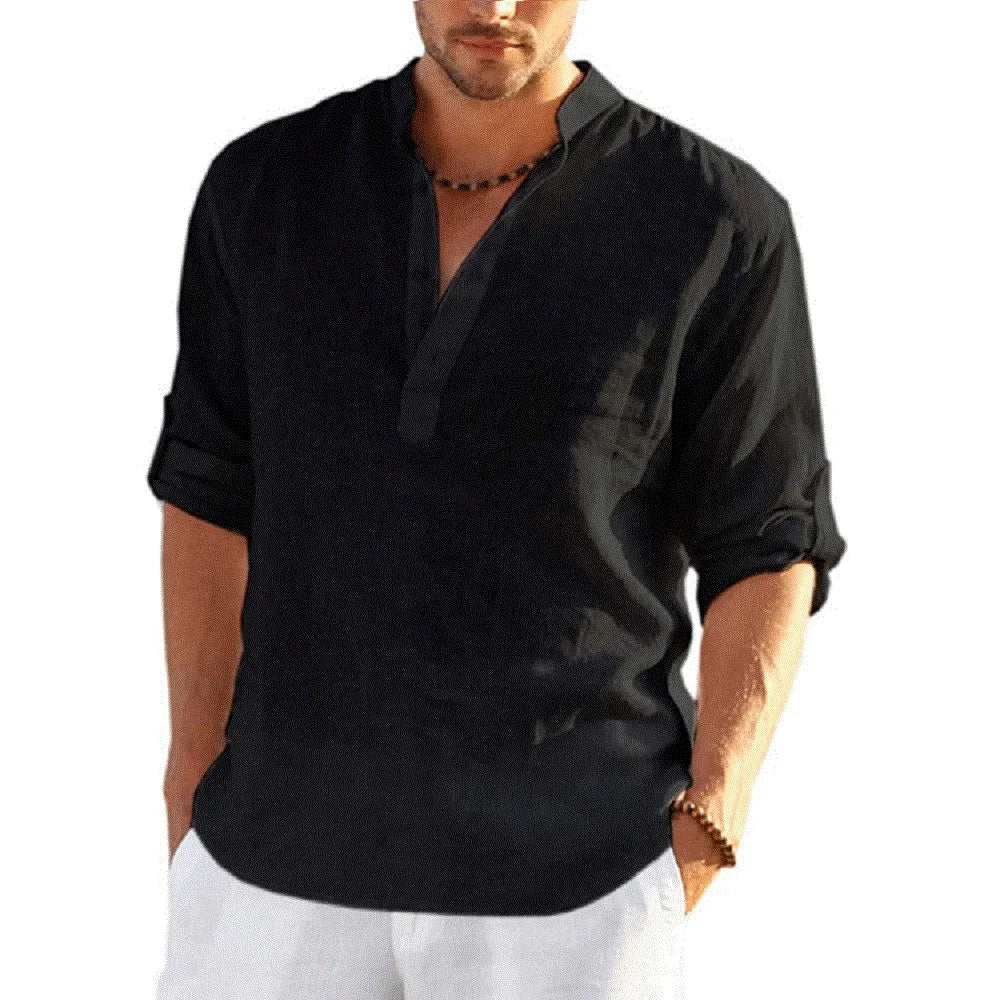 Casual Cotton Linen Shirt Loose Long Sleeve pullover shirt for men