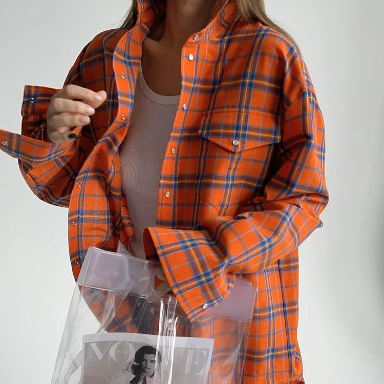 New Vintage Women Oversized Long Sleeve Plaid Shirt Blouse Tops Button Down Loose Pocket Shirt
