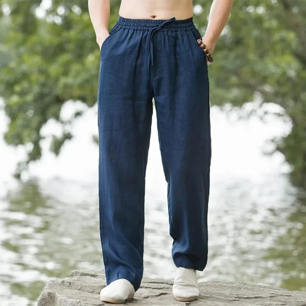 Men's Beach Pants Joggers  Streetwear Cotton Linen Sweatpants Casual