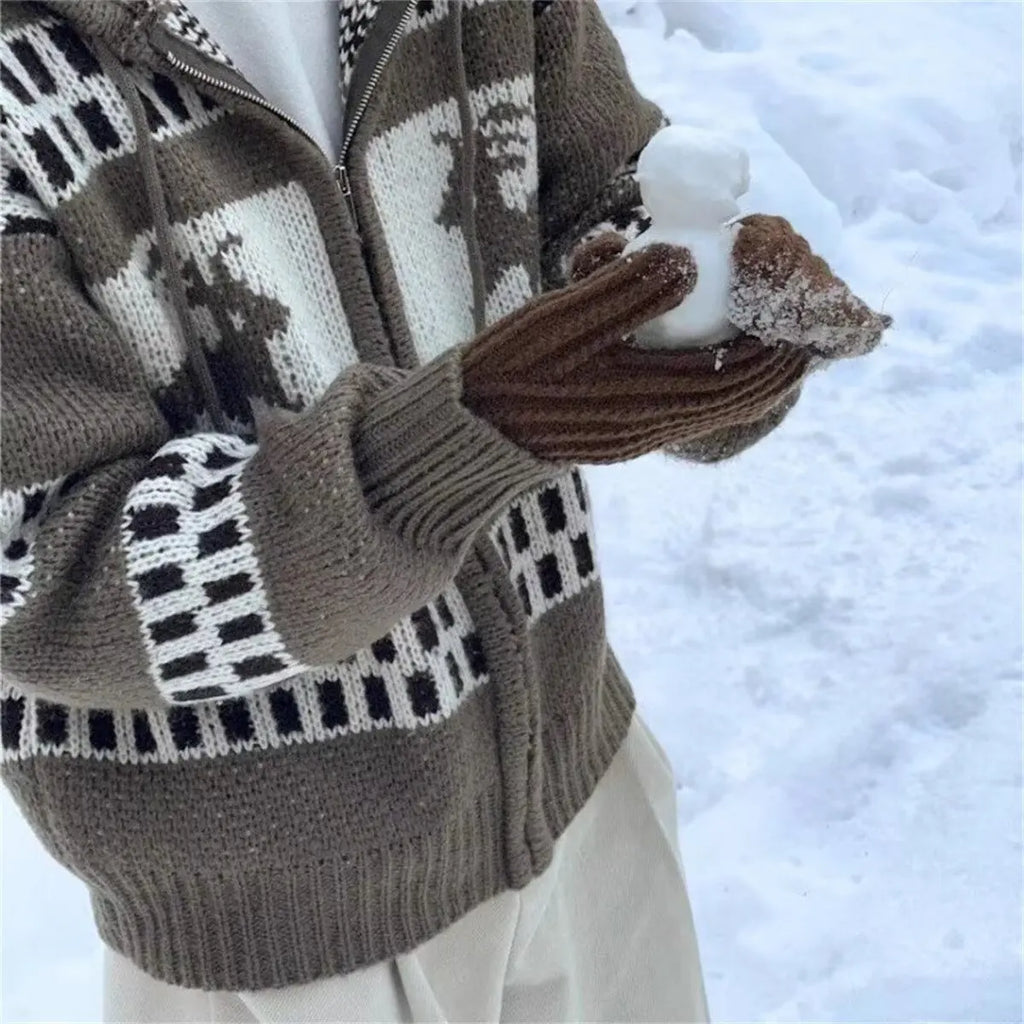 Fair Island Pattern Jacquard Knitted Cardigan Early Spring Loose Fluffy Wool Sweater Coat