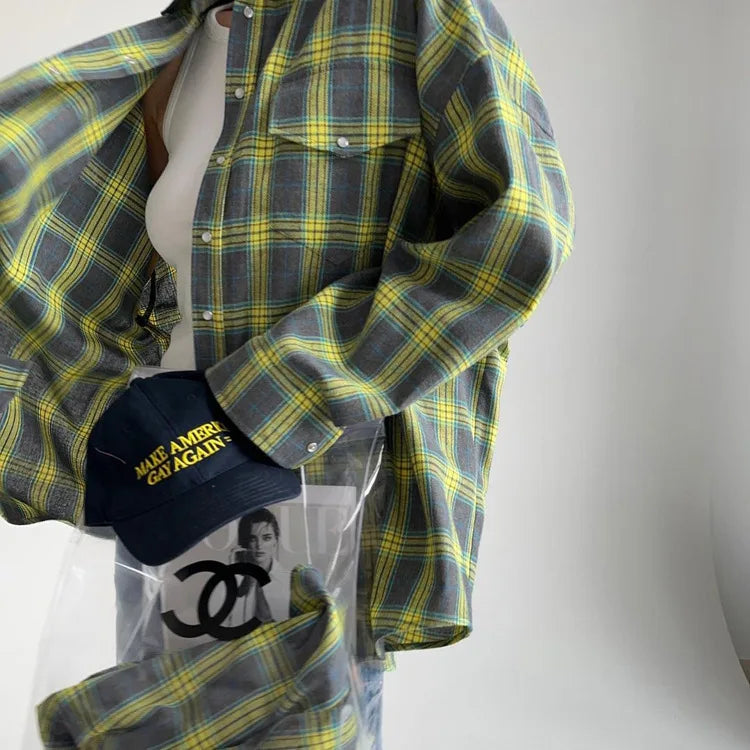 New Vintage Women Oversized Long Sleeve Plaid Shirt Blouse Tops Button Down Loose Pocket Shirt
