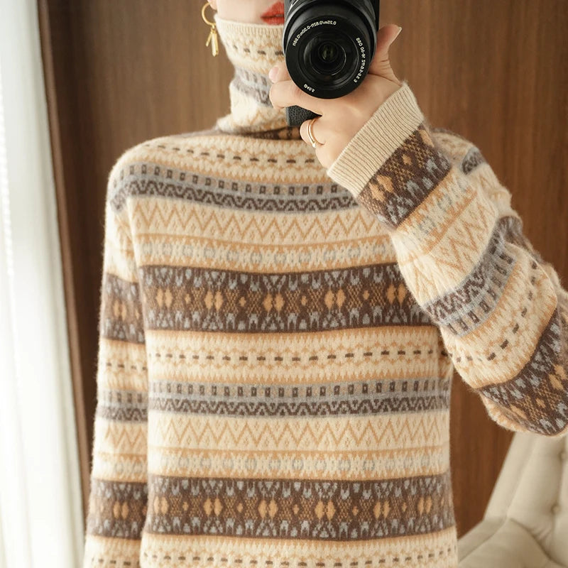 Autumn and Winter Wool Cashmere Sweater Women's High Neck Pullover Casual Knitted Loose Korean Fashion Top
