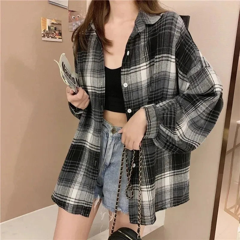 Plaid Shirt Women Fashion Long Sleeve Top checker pattern button down shirt for females