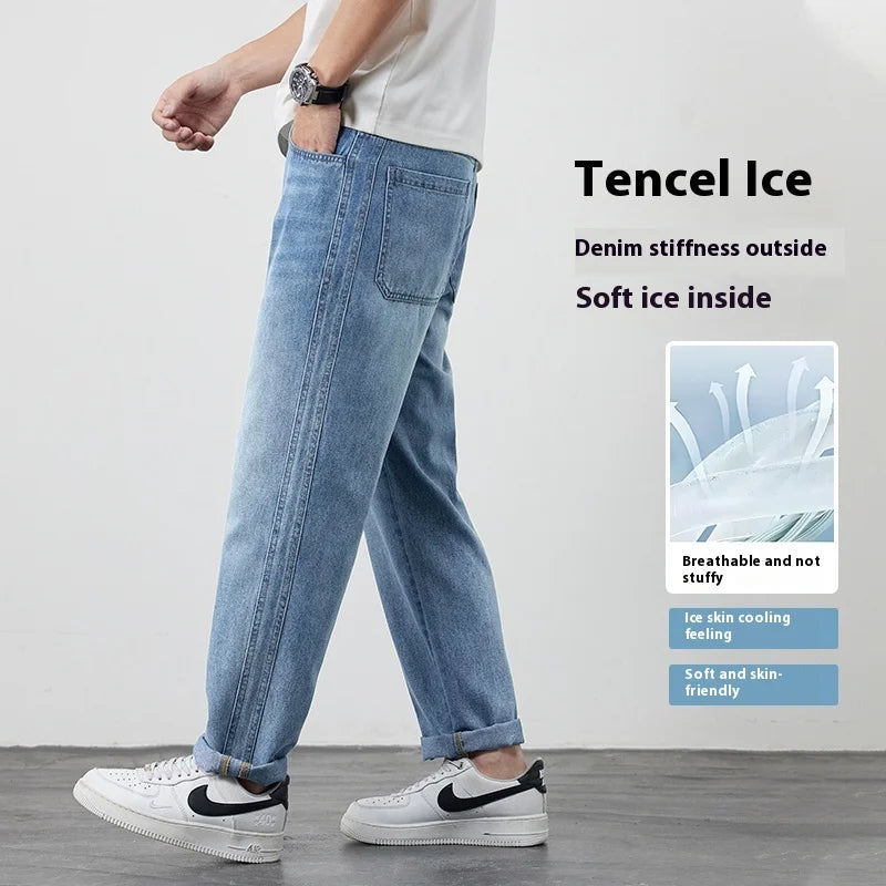 Tencel jeans men's 2025 new trendy brand summer thin loose straight slightly tapered casual jeans