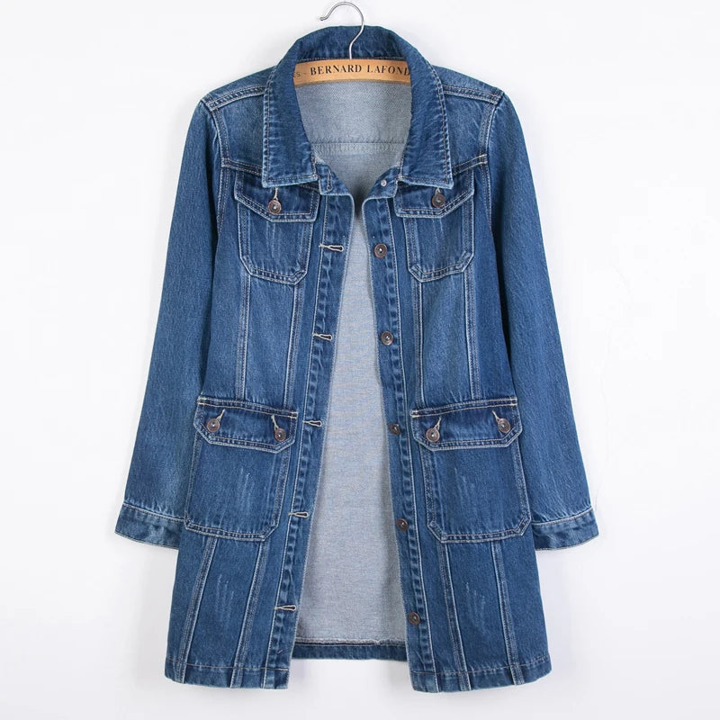Women Denim Jacket Long Sleeve Pockets Mid-Length Jean Coat 2024 Fashion