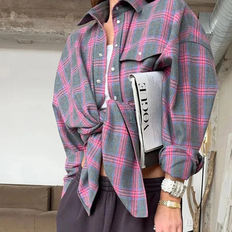 New Vintage Women Oversized Long Sleeve Plaid Shirt Blouse Tops Button Down Loose Pocket Shirt