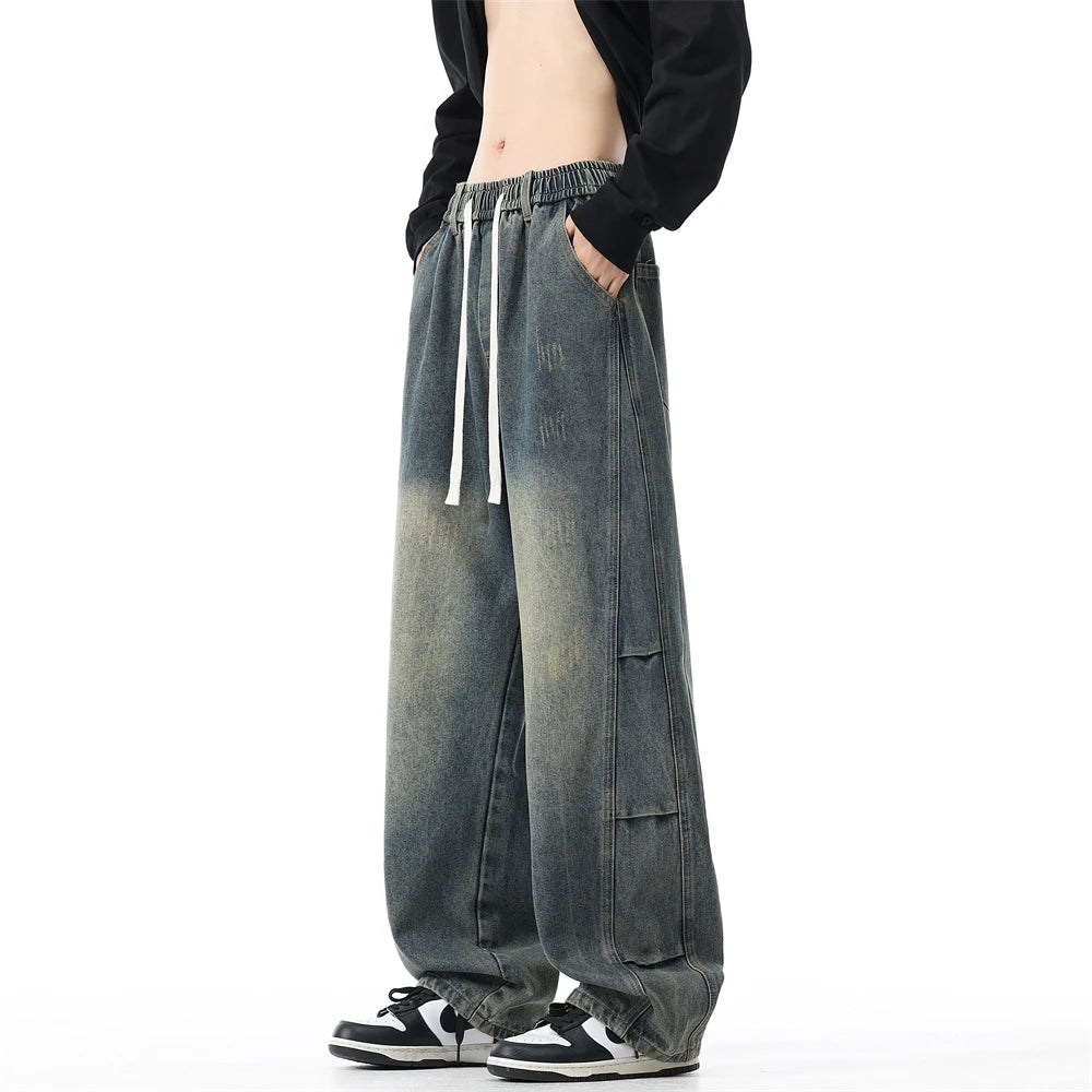 190cm Tall Straight-leg Pants Men's Extra-long Wide Legs Autumn Winter American Style Vintage Wash Water Tall Jeans