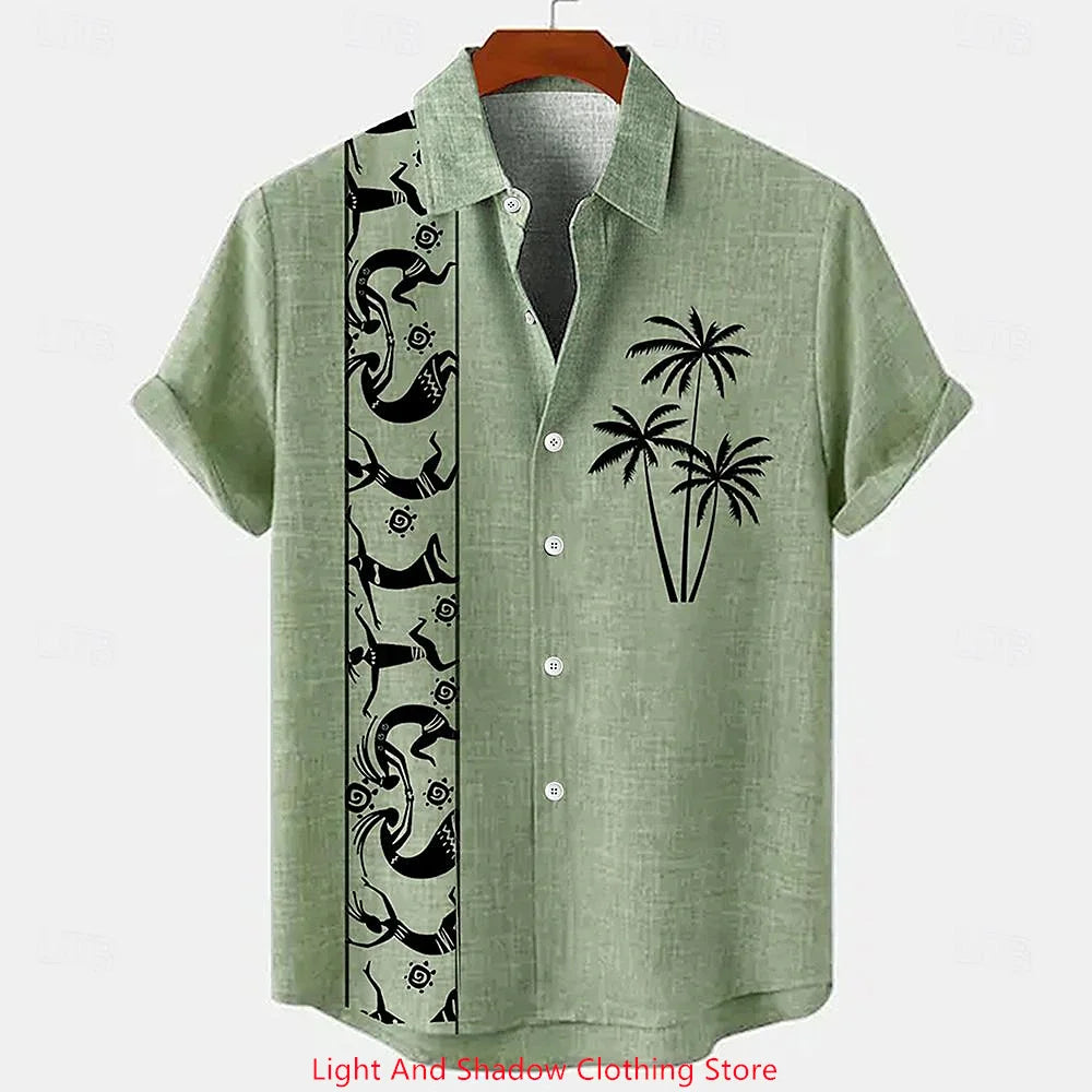 Men's linen shirt summer short sleeved patchwork pattern printed short sleeved top button up ethnic clothing