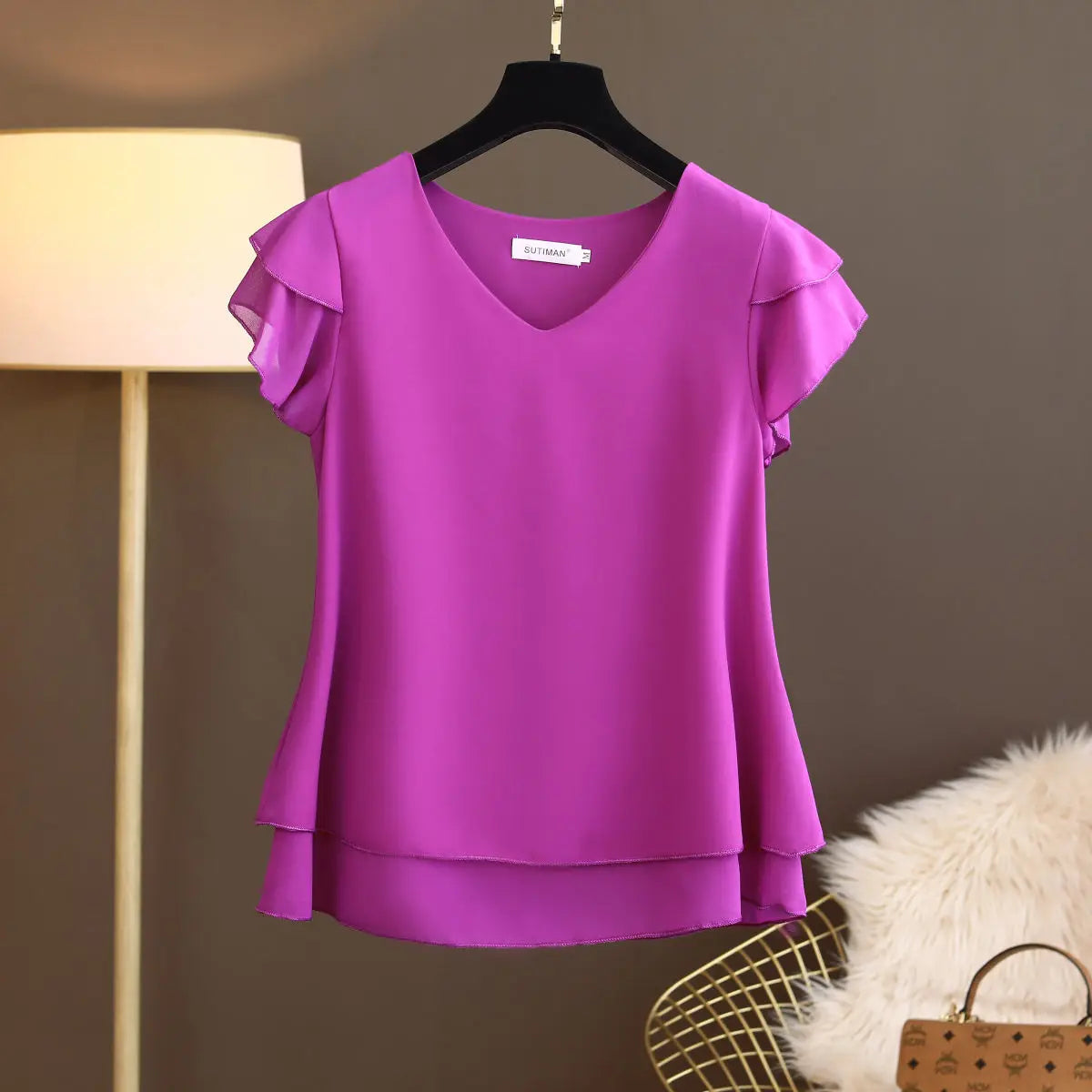 Summer New Women Blouse V-Neck Chiffon loose Short Sleeve Blouse Shirts Womens Tops