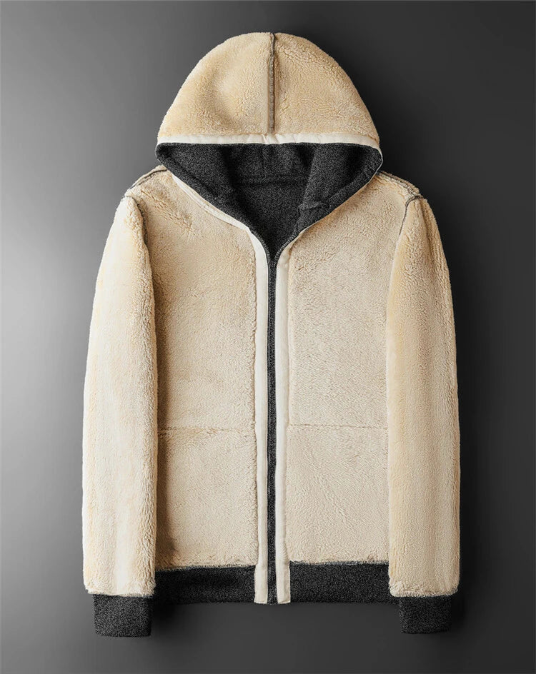 Winter Lambswool Coats Thicken Warm Long Sleeve Zipper Hoodie Casual  Black Coat Hooded Men Jacket