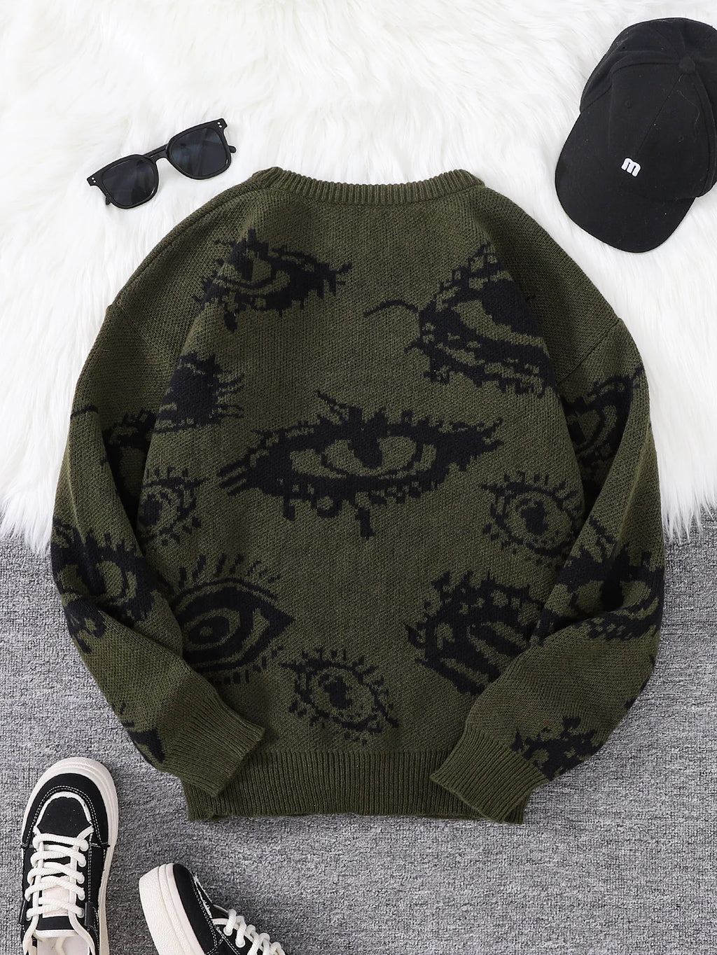 New Popular Autumn and Winter Abstract Eye Pattern Pullover Sweater Round Neck Knitted Men's Pullover