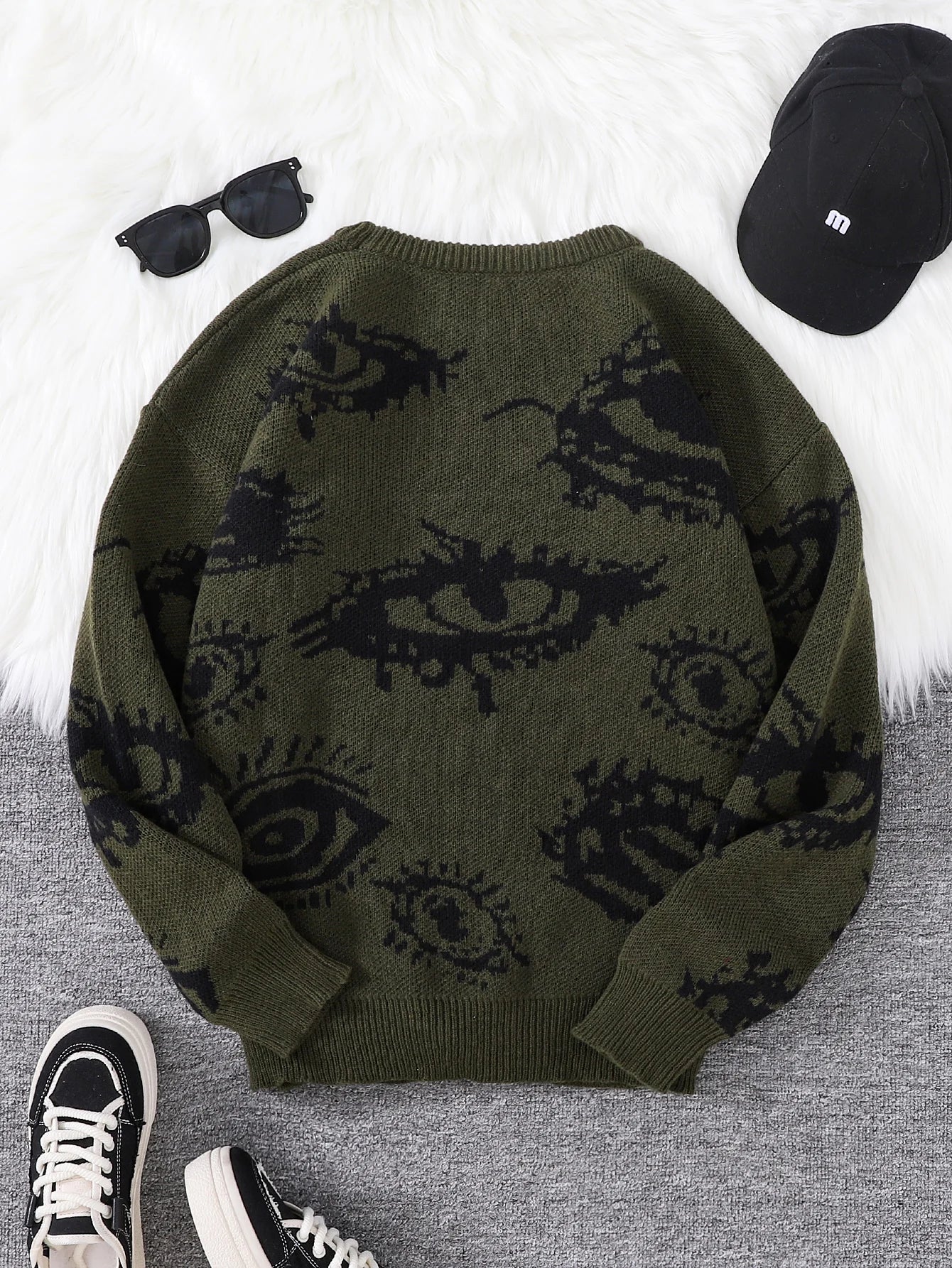 New Popular Autumn and Winter Abstract Eye Pattern Pullover Sweater Round Neck Knitted Men's Pullover