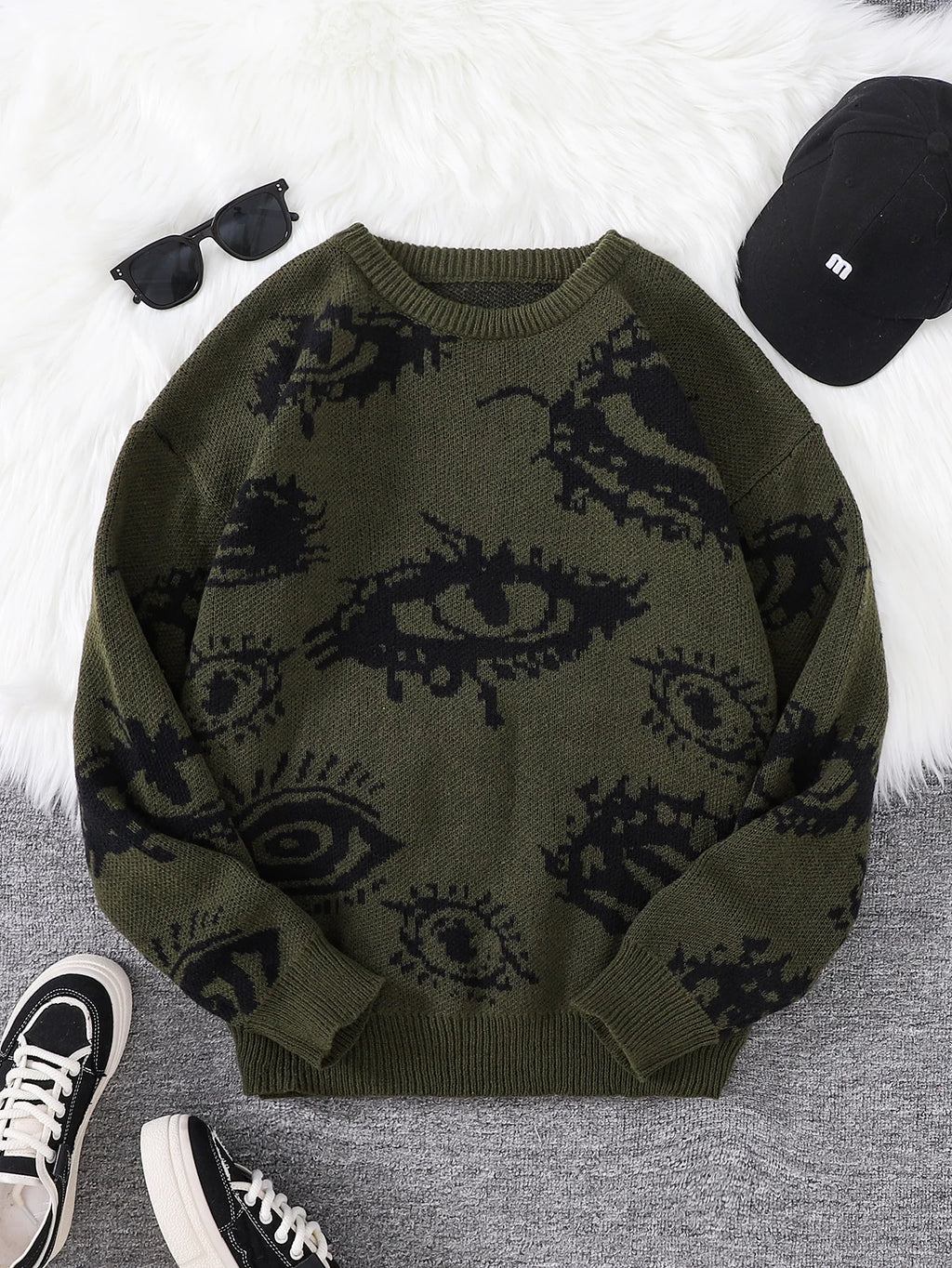 New Popular Autumn and Winter Abstract Eye Pattern Pullover Sweater Round Neck Knitted Men's Pullover
