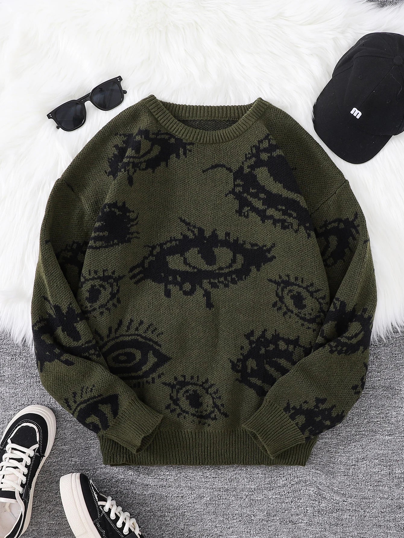 New Popular Autumn and Winter Abstract Eye Pattern Pullover Sweater Round Neck Knitted Men's Pullover