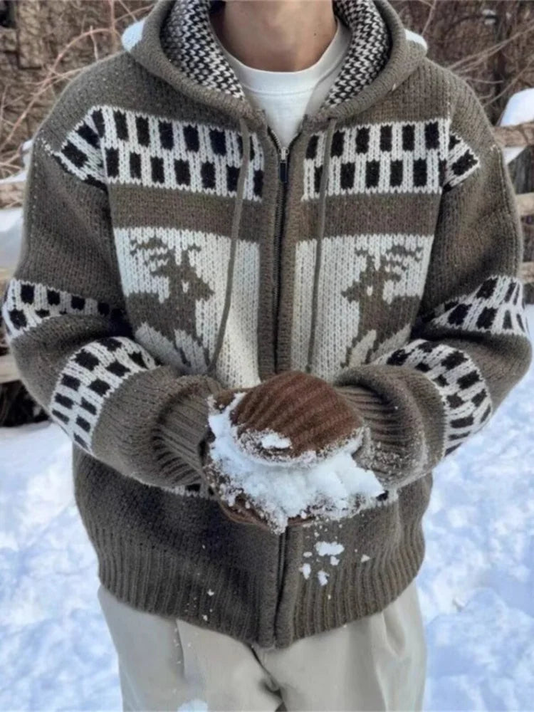 Fair Island Pattern Jacquard Knitted Cardigan Early Spring Loose Fluffy Wool Sweater Coat