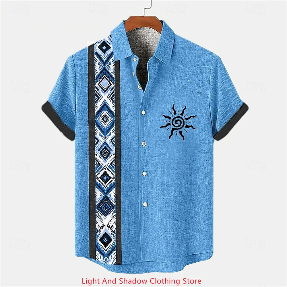 Men's linen shirt summer short sleeved patchwork pattern printed short sleeved top button up ethnic clothing