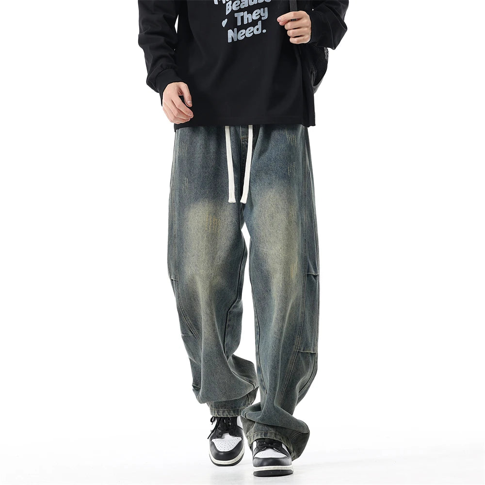 190cm Tall Straight-leg Pants Men's Extra-long Wide Legs Autumn Winter American Style Vintage Wash Water Tall Jeans