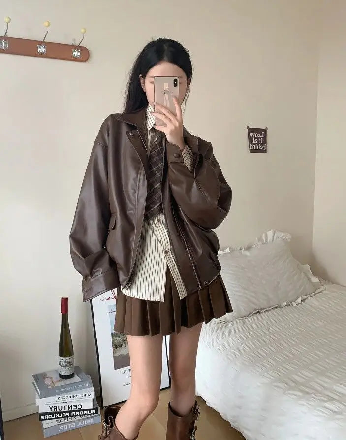 womens Brown Turndown Collar Zipper Leather Jacket Coat American Vintage Motorcycle Clothing