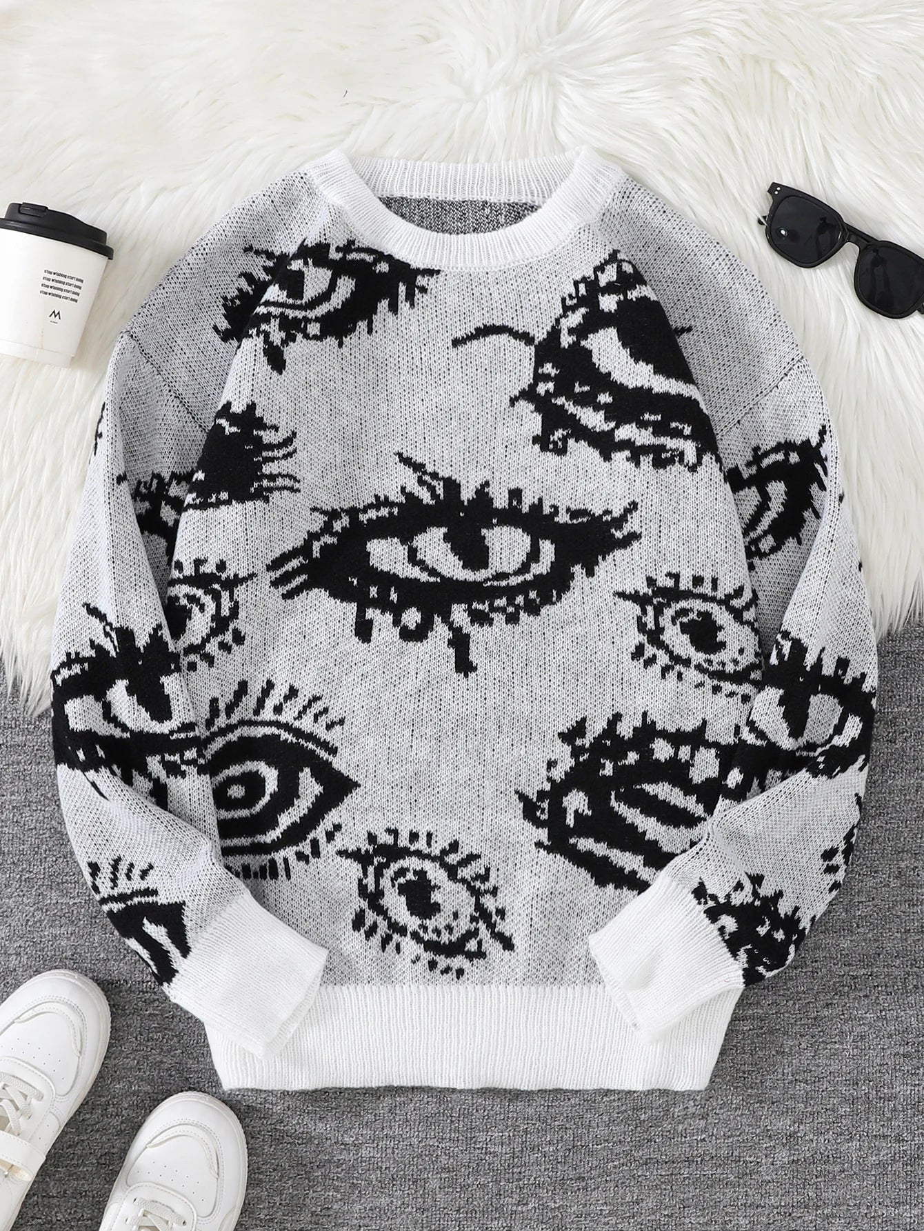 New Popular Autumn and Winter Abstract Eye Pattern Pullover Sweater Round Neck Knitted Men's Pullover