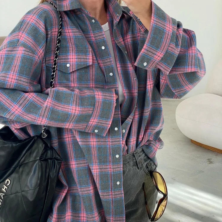 New Vintage Women Oversized Long Sleeve Plaid Shirt Blouse Tops Button Down Loose Pocket Shirt