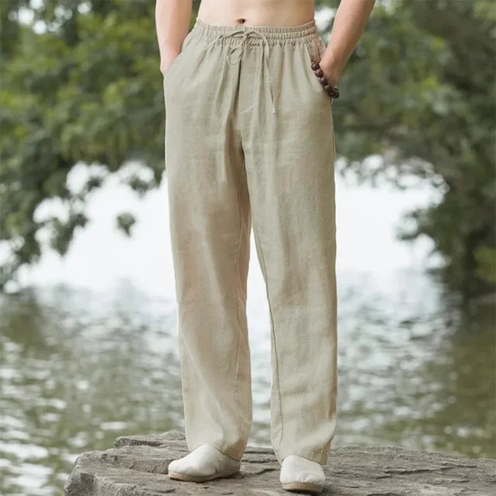 Men's Beach Pants Joggers  Streetwear Cotton Linen Sweatpants Casual