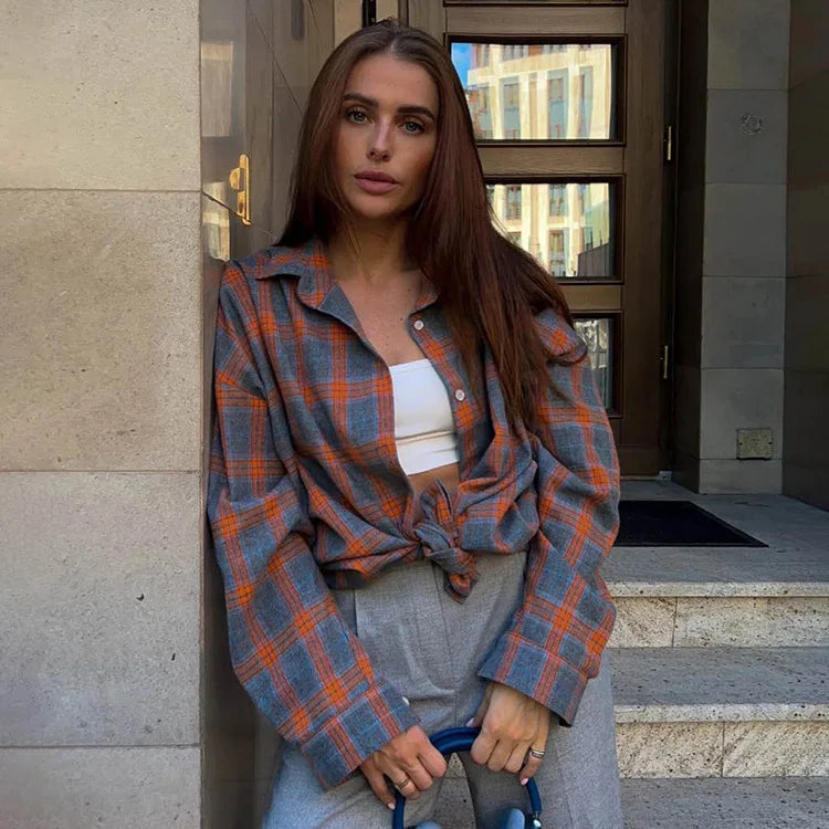 New Vintage Women Oversized Long Sleeve Plaid Shirt Blouse Tops Button Down Loose Pocket Shirt