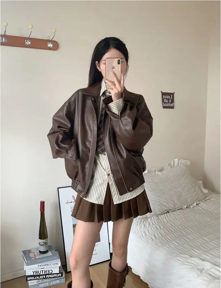womens Brown Turndown Collar Zipper Leather Jacket Coat American Vintage Motorcycle Clothing